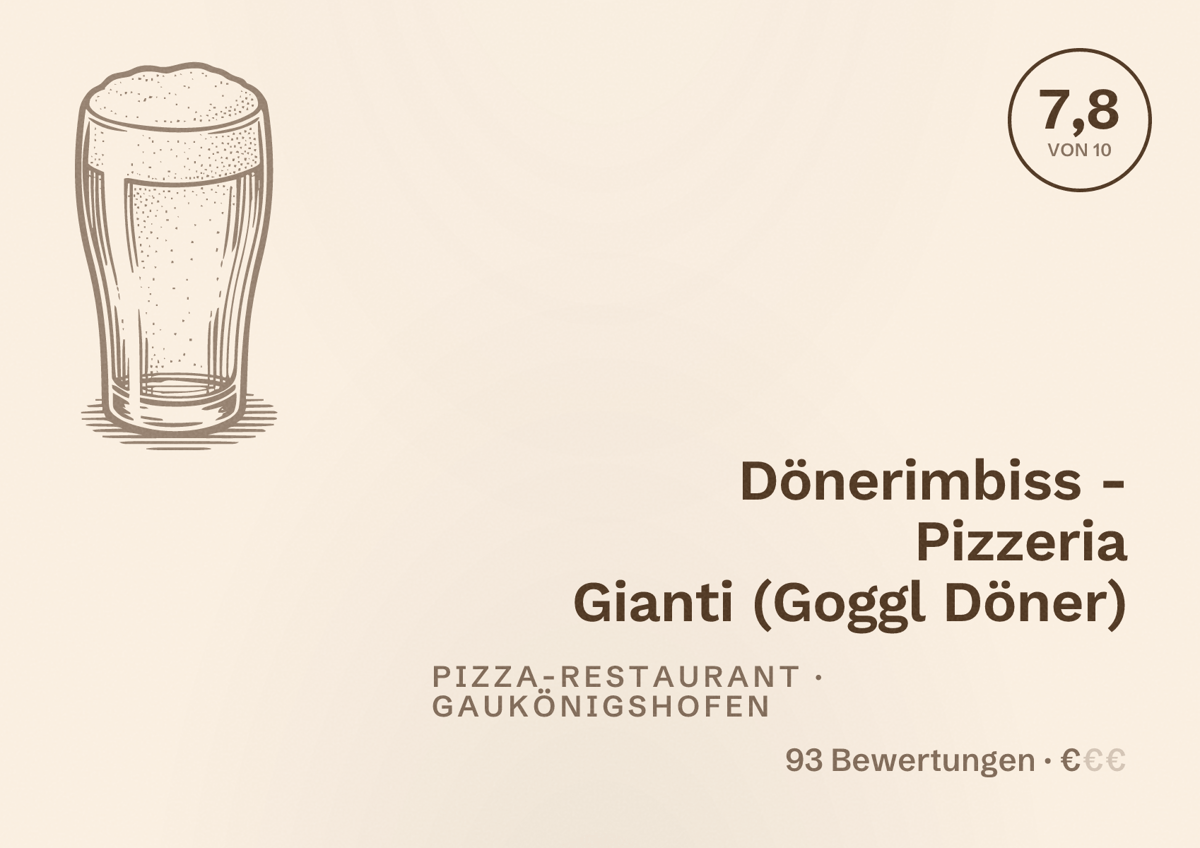 Illustriertes Poster von Dönerimbiss - Pizzeria Gianti (Goggl Döner), Pizza-Restaurant in Gaukönigshofen: Bewertung 7,8 von 10 aus 93 Bewertungen, Preisniveau €