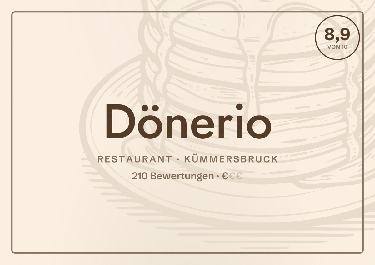 Illustriertes Poster von Dönerio, Restaurant in Kümmersbruck: Bewertung 8,9 von 10 aus 210 Bewertungen, Preisniveau €