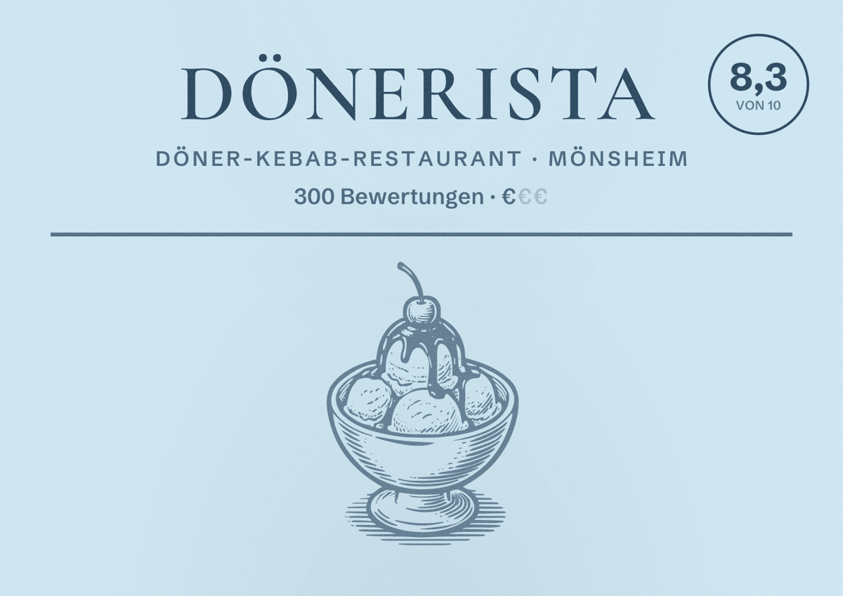Illustriertes Poster von Dönerista, Döner-Kebab-Restaurant in Mönsheim: Bewertung 8,3 von 10 aus 300 Bewertungen, Preisniveau €