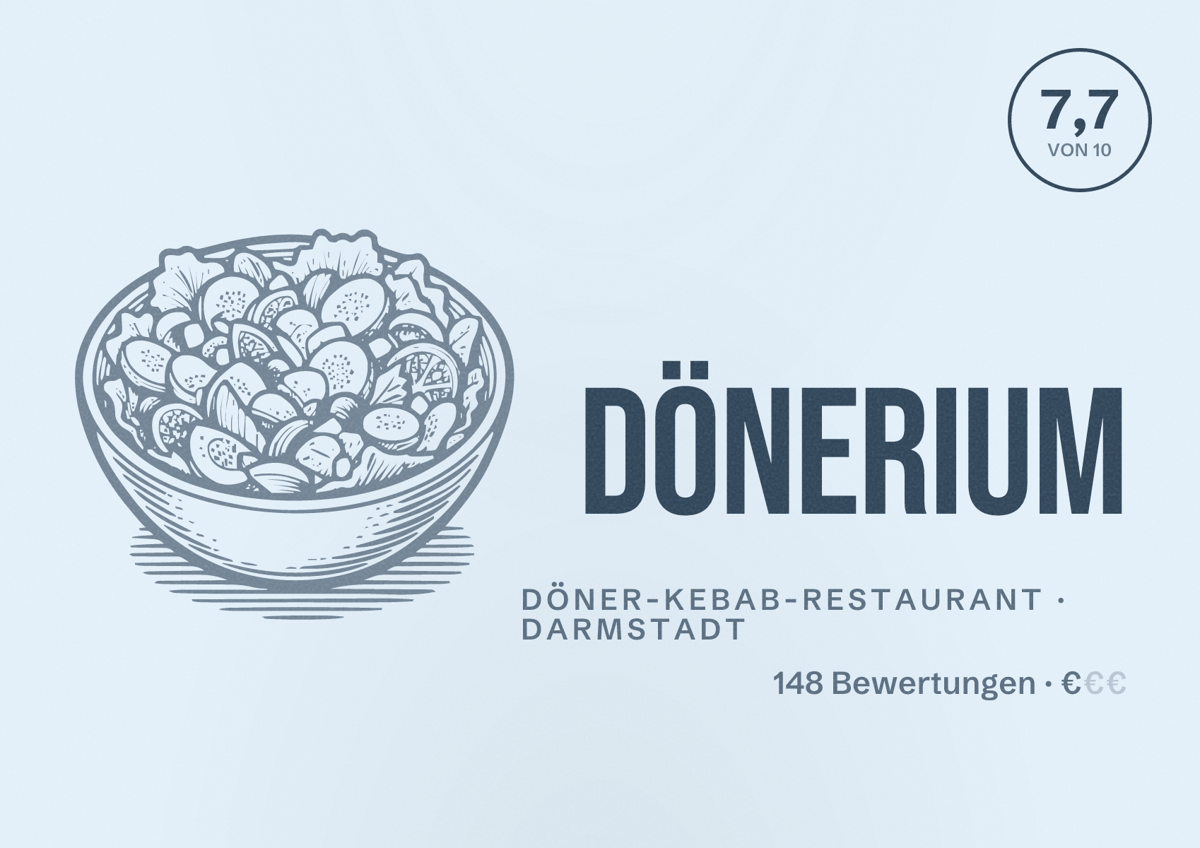 Illustriertes Poster von Dönerium, Döner-Kebab-Restaurant in Darmstadt: Bewertung 7,7 von 10 aus 148 Bewertungen, Preisniveau €