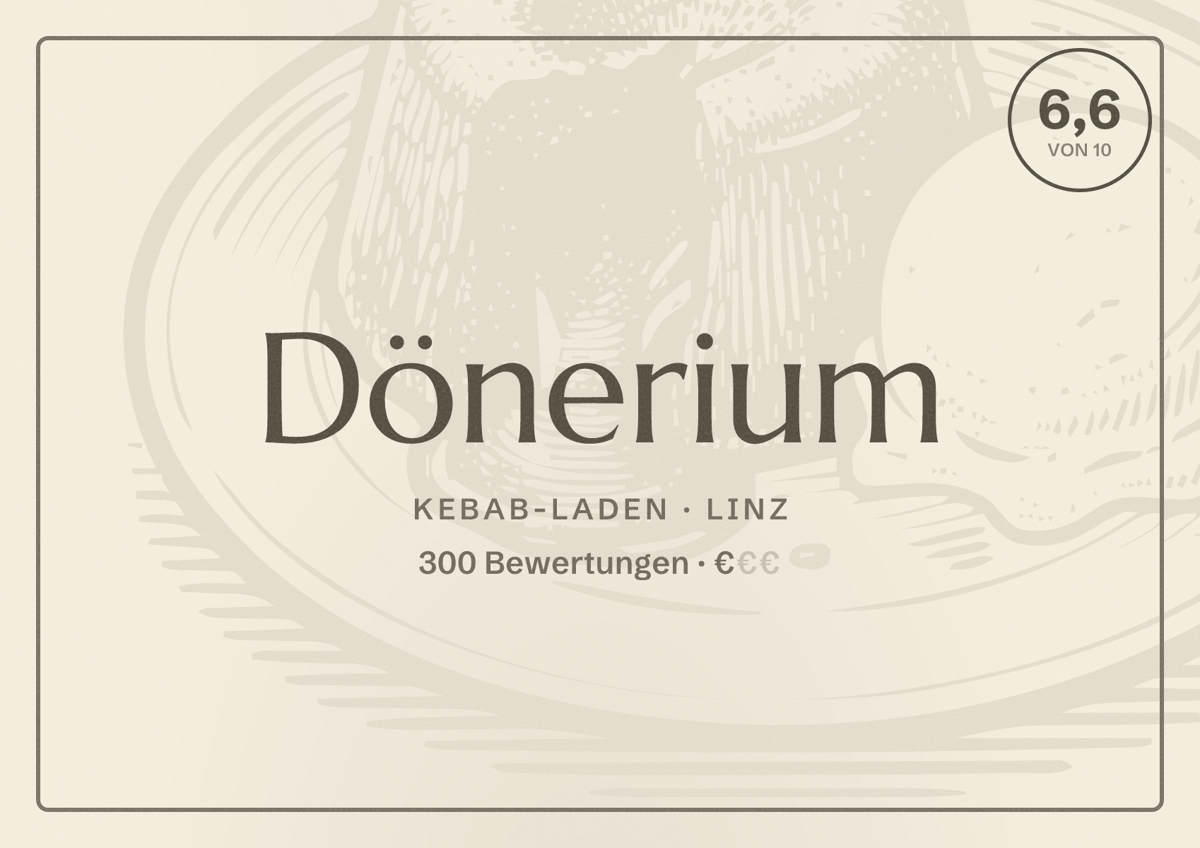 Illustriertes Poster von Dönerium, Kebab-Laden in Linz: Bewertung 6,6 von 10 aus 300 Bewertungen, Preisniveau €