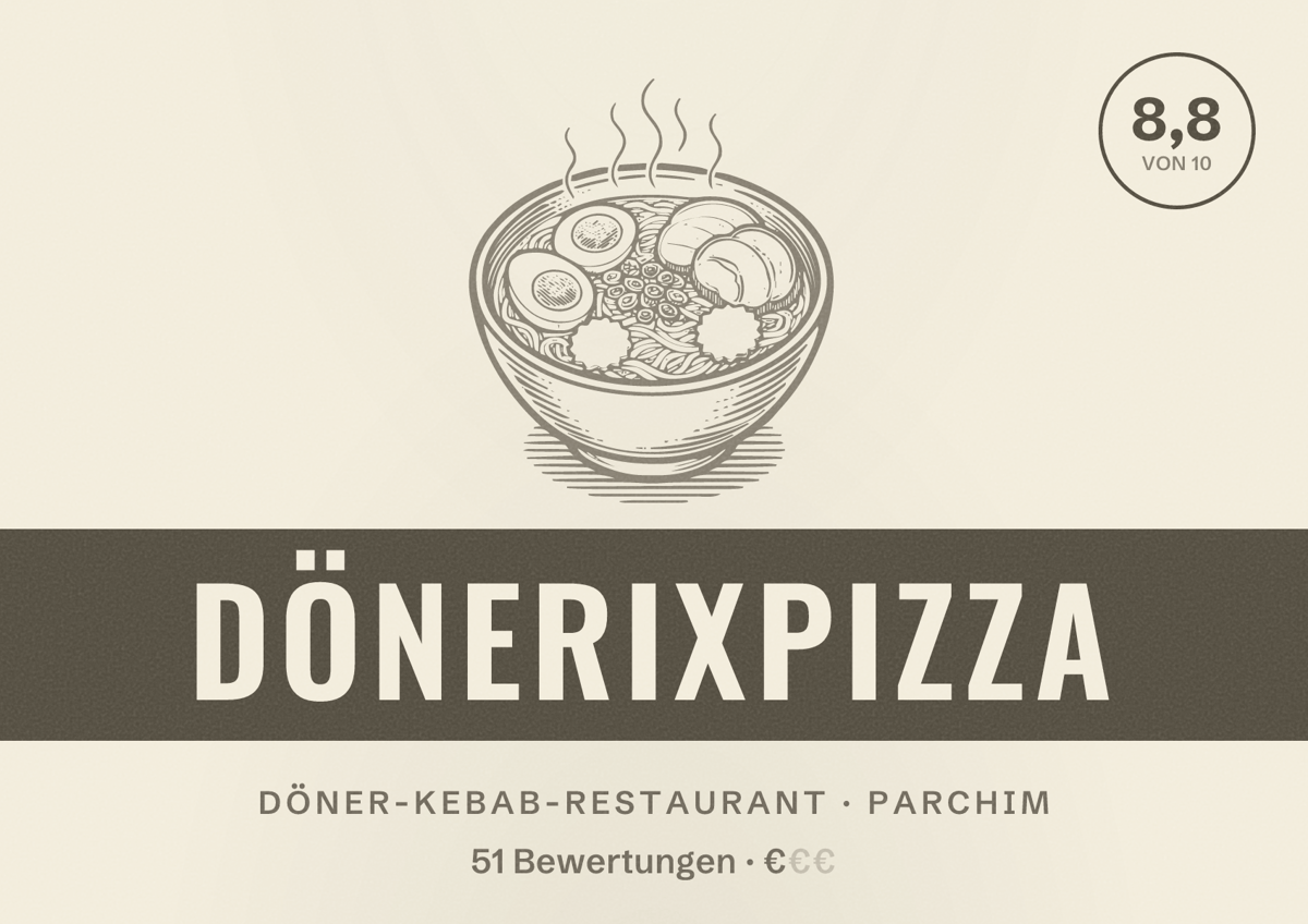 Illustriertes Poster von DöneriXpizza, Döner-Kebab-Restaurant in Parchim: Bewertung 8,8 von 10 aus 51 Bewertungen, Preisniveau €