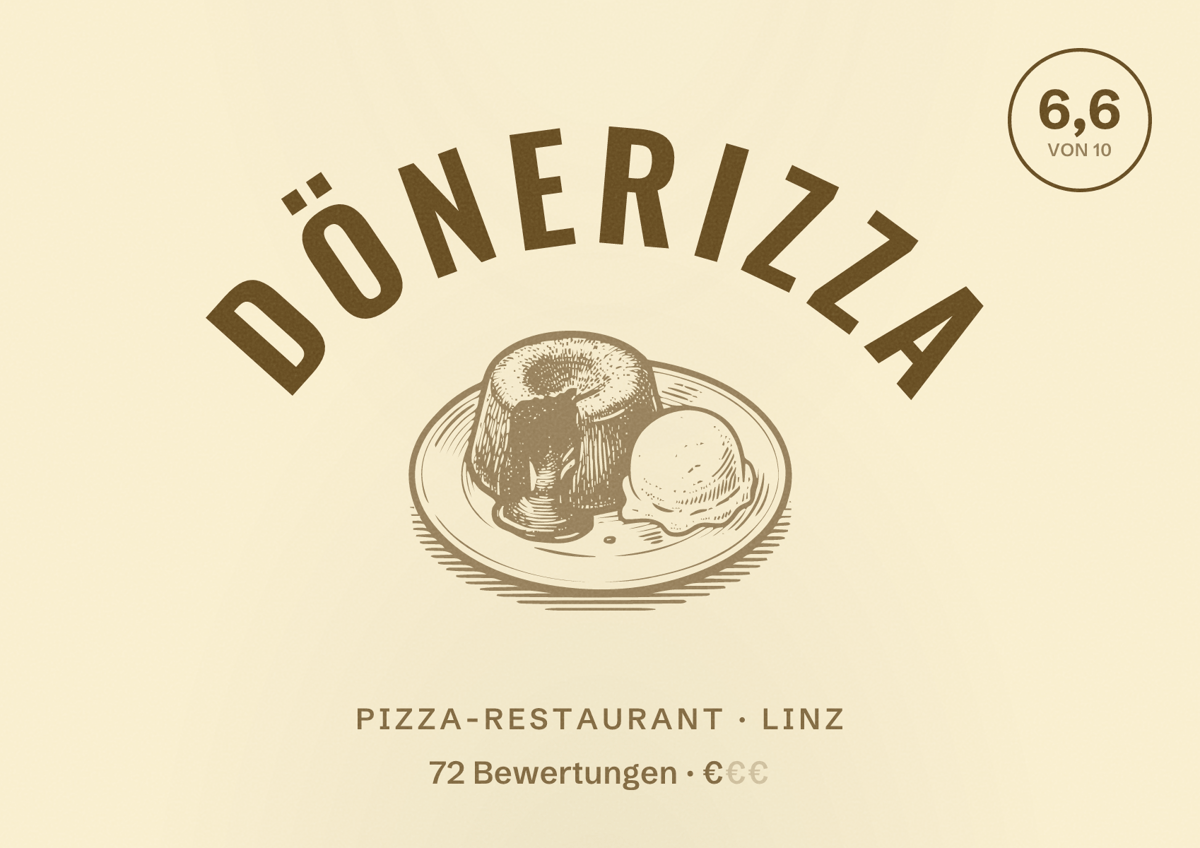 Illustriertes Poster von Dönerizza, Pizza-Restaurant in Linz: Bewertung 6,6 von 10 aus 72 Bewertungen, Preisniveau €