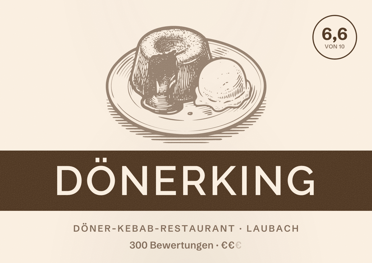 Illustriertes Poster von DönerKing, Döner-Kebab-Restaurant in Laubach: Bewertung 6,6 von 10 aus 300 Bewertungen, Preisniveau €€