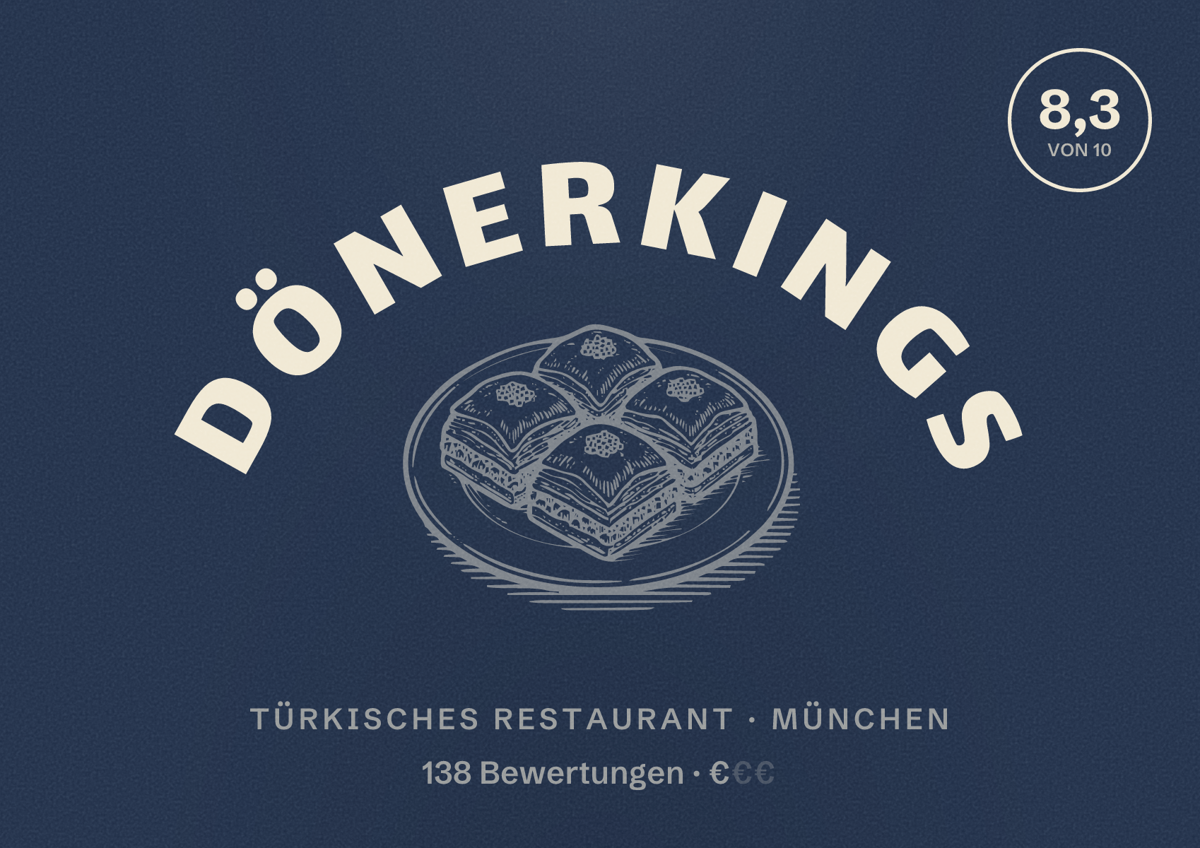 Illustriertes Poster von DönerKings, Türkisches Restaurant in München: Bewertung 8,3 von 10 aus 138 Bewertungen, Preisniveau €