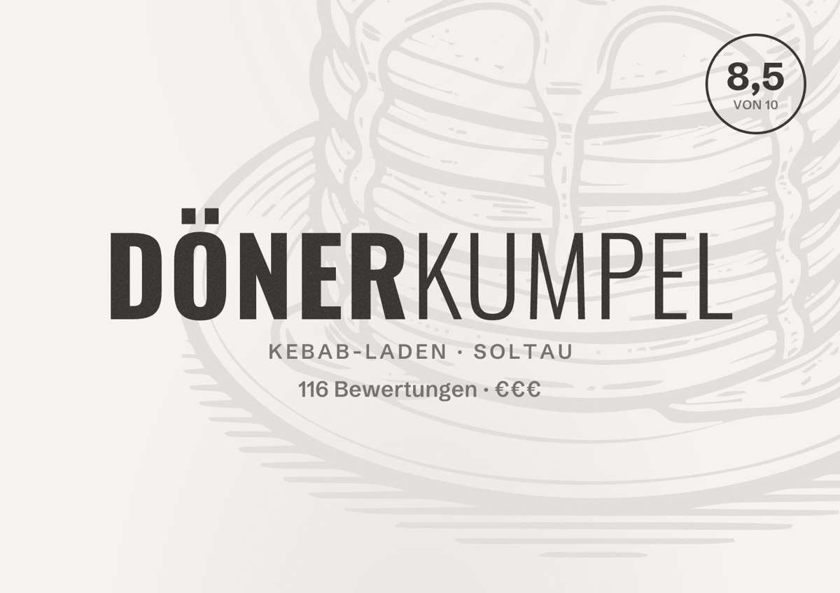 Illustriertes Poster von Dönerkumpel, Kebab-Laden in Soltau: Bewertung 8,5 von 10 aus 116 Bewertungen, Preisniveau €€€