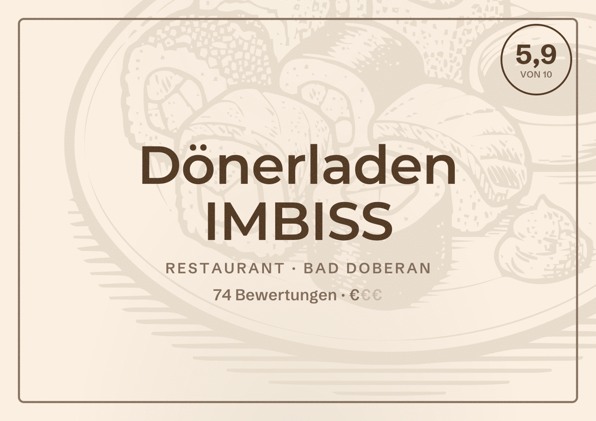 Illustriertes Poster von Dönerladen IMBISS, Restaurant in Bad Doberan: Bewertung 5,9 von 10 aus 74 Bewertungen, Preisniveau €