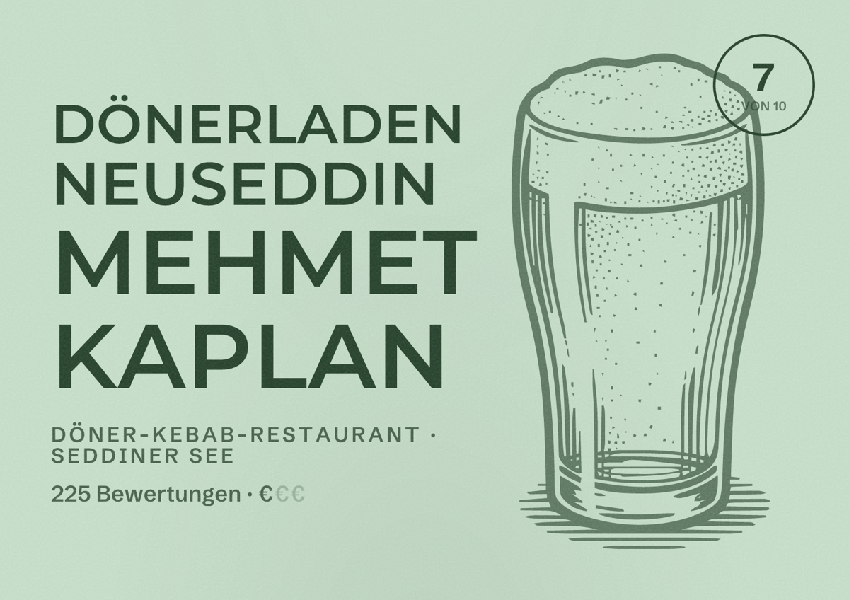 Illustriertes Poster von Dönerladen Neuseddin Mehmet Kaplan, Döner-Kebab-Restaurant in Seddiner See: Bewertung 7 von 10 aus 225 Bewertungen, Preisniveau €