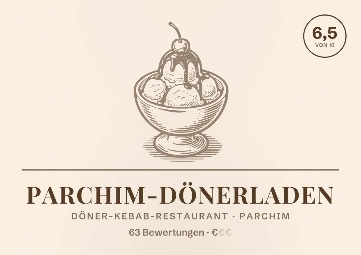 Illustriertes Poster von Parchim-Dönerladen, Döner-Kebab-Restaurant in Parchim: Bewertung 6,5 von 10 aus 63 Bewertungen, Preisniveau €