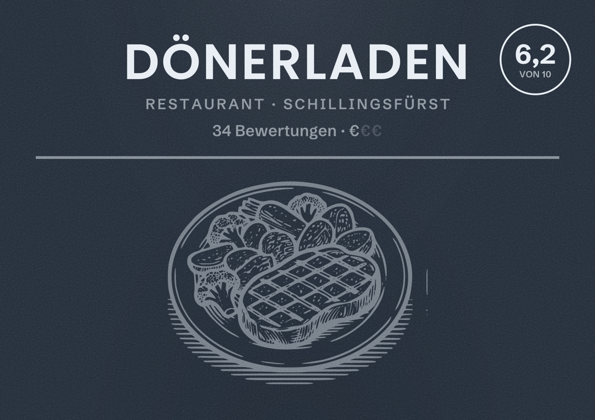 Illustriertes Poster von Dönerladen, Restaurant in Schillingsfürst: Bewertung 6,2 von 10 aus 34 Bewertungen, Preisniveau €