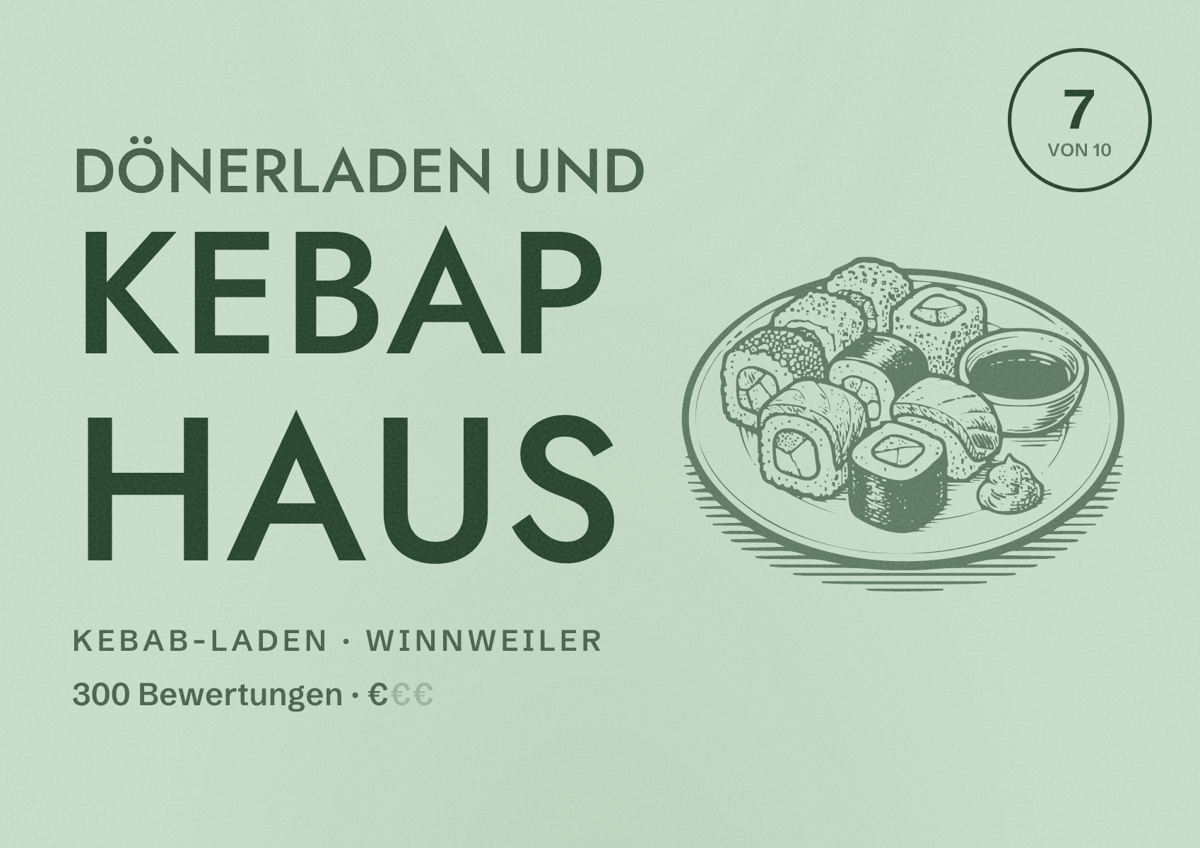 Illustriertes Poster von Dönerladen und Kebap Haus, Kebab-Laden in Winnweiler: Bewertung 7 von 10 aus 300 Bewertungen, Preisniveau €