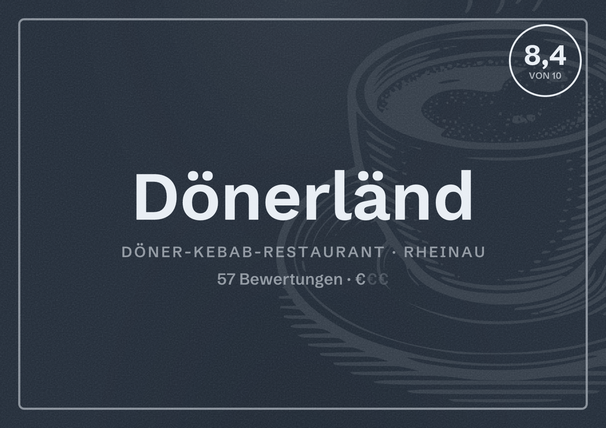 Illustriertes Poster von Dönerländ, Döner-Kebab-Restaurant in Rheinau: Bewertung 8,4 von 10 aus 57 Bewertungen, Preisniveau €