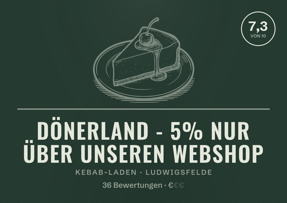Illustriertes Poster von Dönerland - 5% NUR über unseren Webshop, Kebab-Laden in Ludwigsfelde: Bewertung 7,3 von 10 aus 36 Bewertungen, Preisniveau €