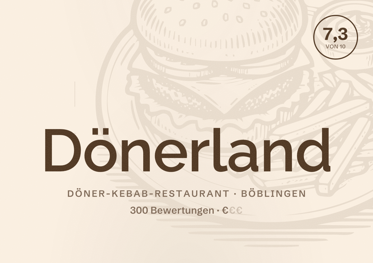 Illustriertes Poster von Dönerland, Döner-Kebab-Restaurant in Böblingen: Bewertung 7,3 von 10 aus 300 Bewertungen, Preisniveau €