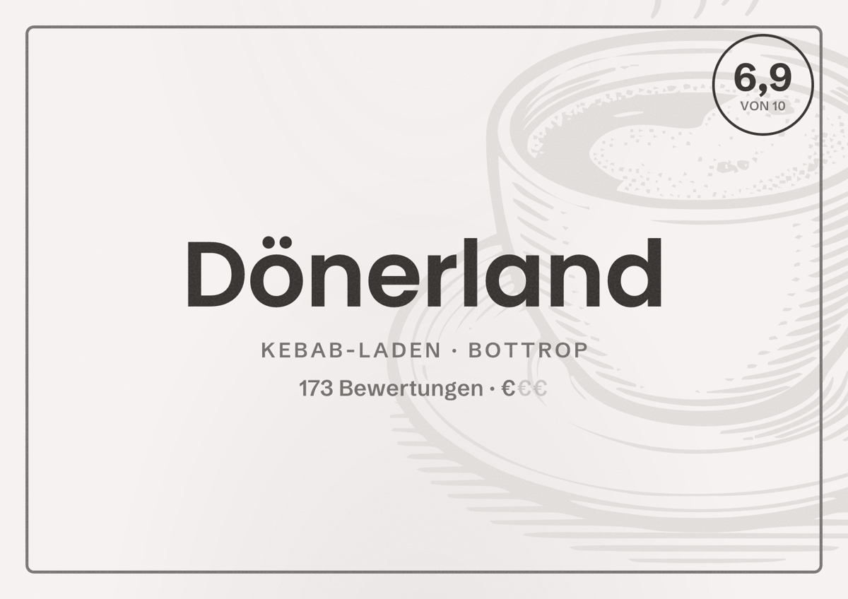 Illustriertes Poster von Dönerland, Kebab-Laden in Bottrop: Bewertung 6,9 von 10 aus 173 Bewertungen, Preisniveau €