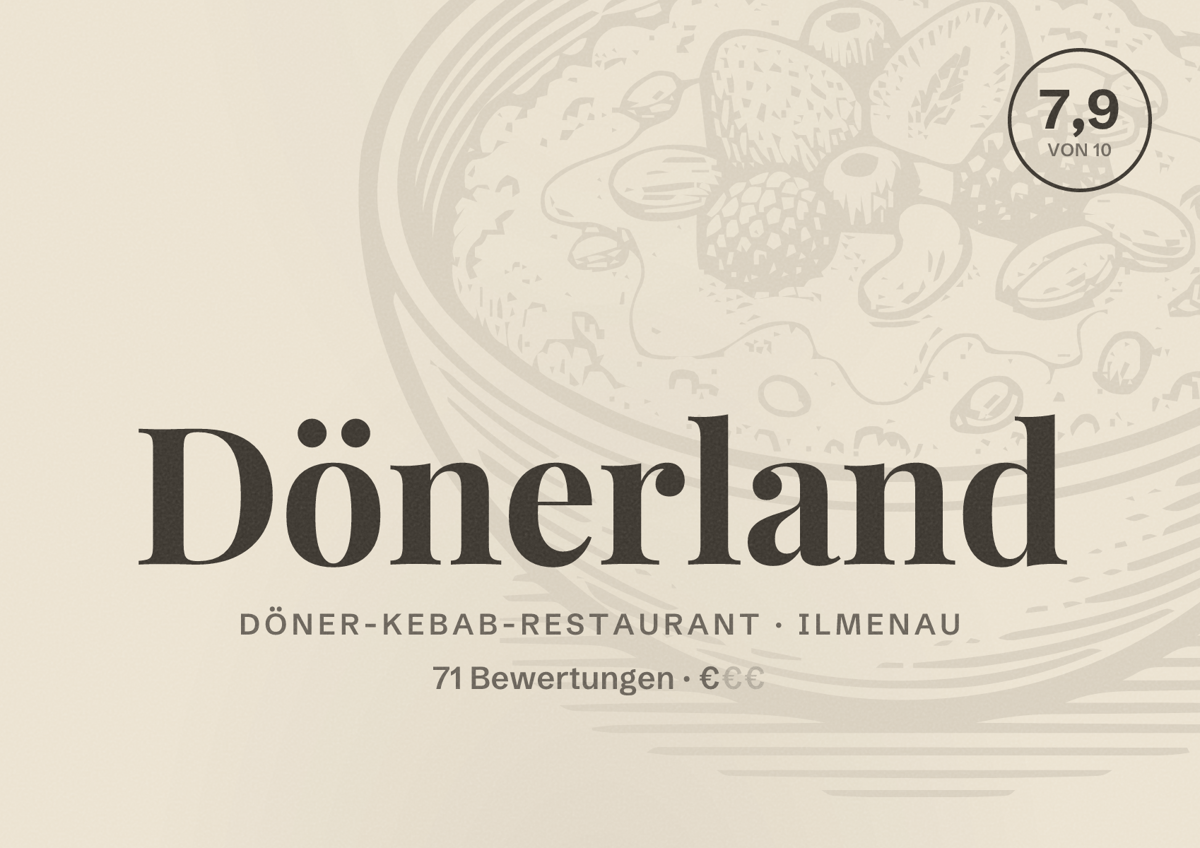 Illustriertes Poster von Dönerland, Döner-Kebab-Restaurant in Ilmenau: Bewertung 7,9 von 10 aus 71 Bewertungen, Preisniveau €