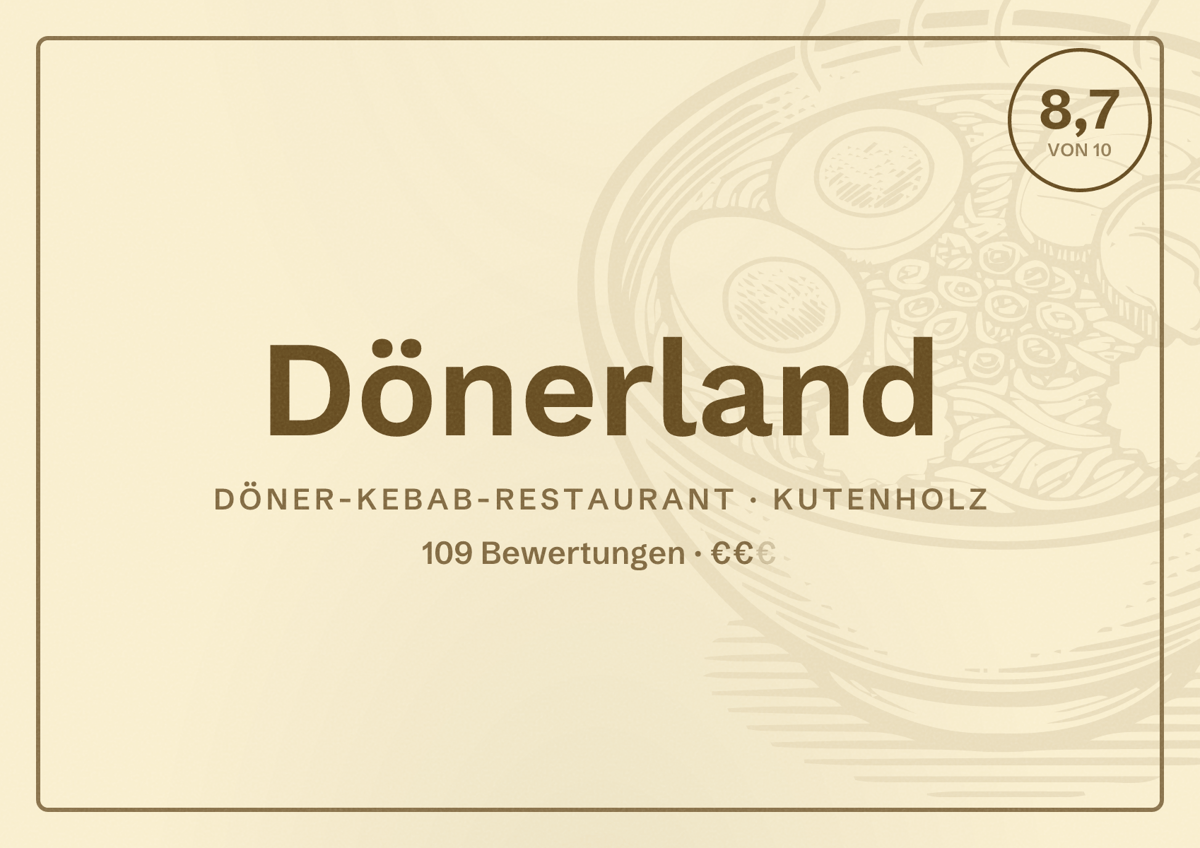 Illustriertes Poster von Dönerland, Döner-Kebab-Restaurant in Kutenholz: Bewertung 8,7 von 10 aus 109 Bewertungen, Preisniveau €€