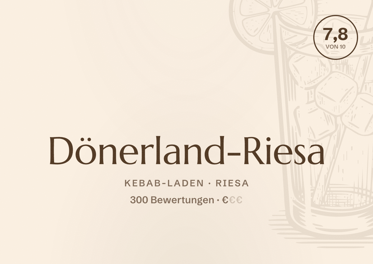 Illustriertes Poster von Dönerland-Riesa, Kebab-Laden in Riesa: Bewertung 7,8 von 10 aus 300 Bewertungen, Preisniveau €