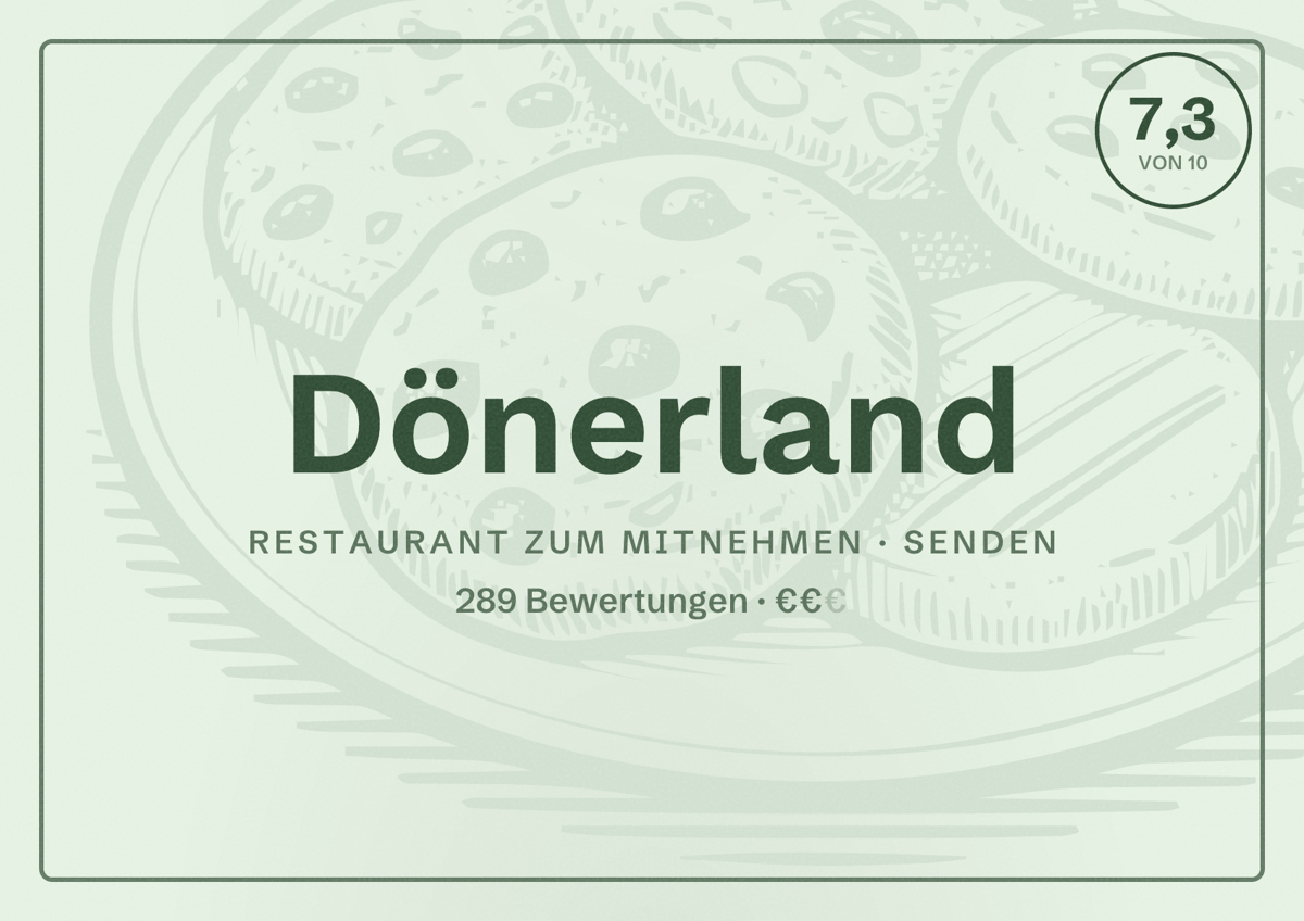 Illustriertes Poster von Dönerland, Restaurant zum Mitnehmen in Senden: Bewertung 7,3 von 10 aus 289 Bewertungen, Preisniveau €€