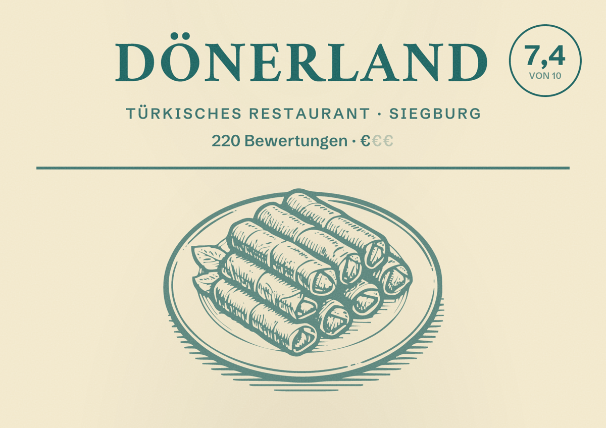 Illustriertes Poster von DönerLand, Türkisches Restaurant in Siegburg: Bewertung 7,4 von 10 aus 220 Bewertungen, Preisniveau €