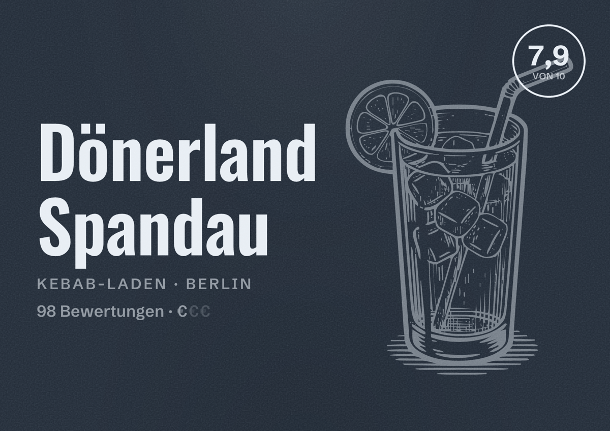 Illustriertes Poster von Dönerland Spandau, Kebab-Laden in Berlin: Bewertung 7,9 von 10 aus 98 Bewertungen, Preisniveau €
