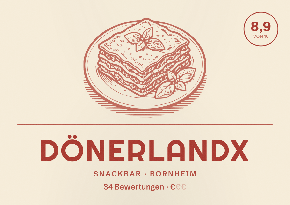 Illustriertes Poster von DönerlandX, Snackbar in Bornheim: Bewertung 8,9 von 10 aus 34 Bewertungen, Preisniveau €