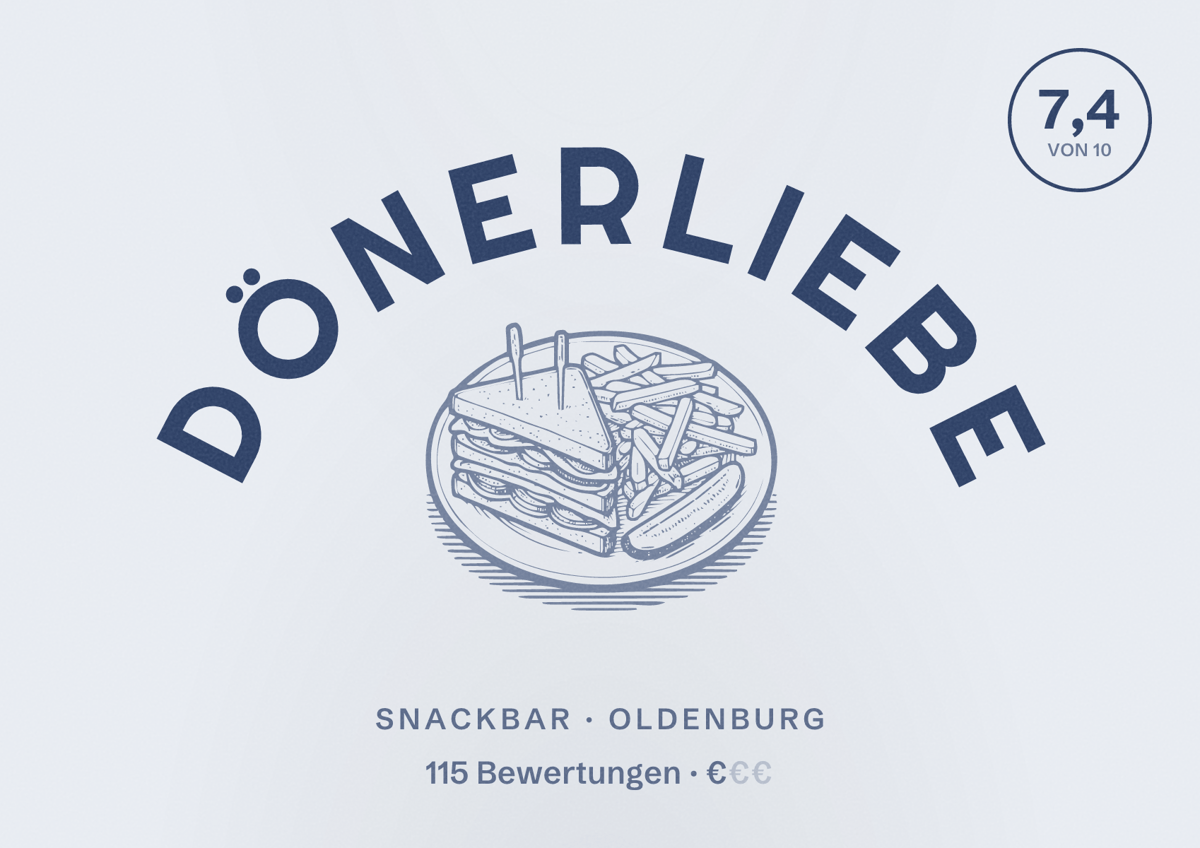 Illustriertes Poster von Dönerliebe, Snackbar in Oldenburg: Bewertung 7,4 von 10 aus 115 Bewertungen, Preisniveau €