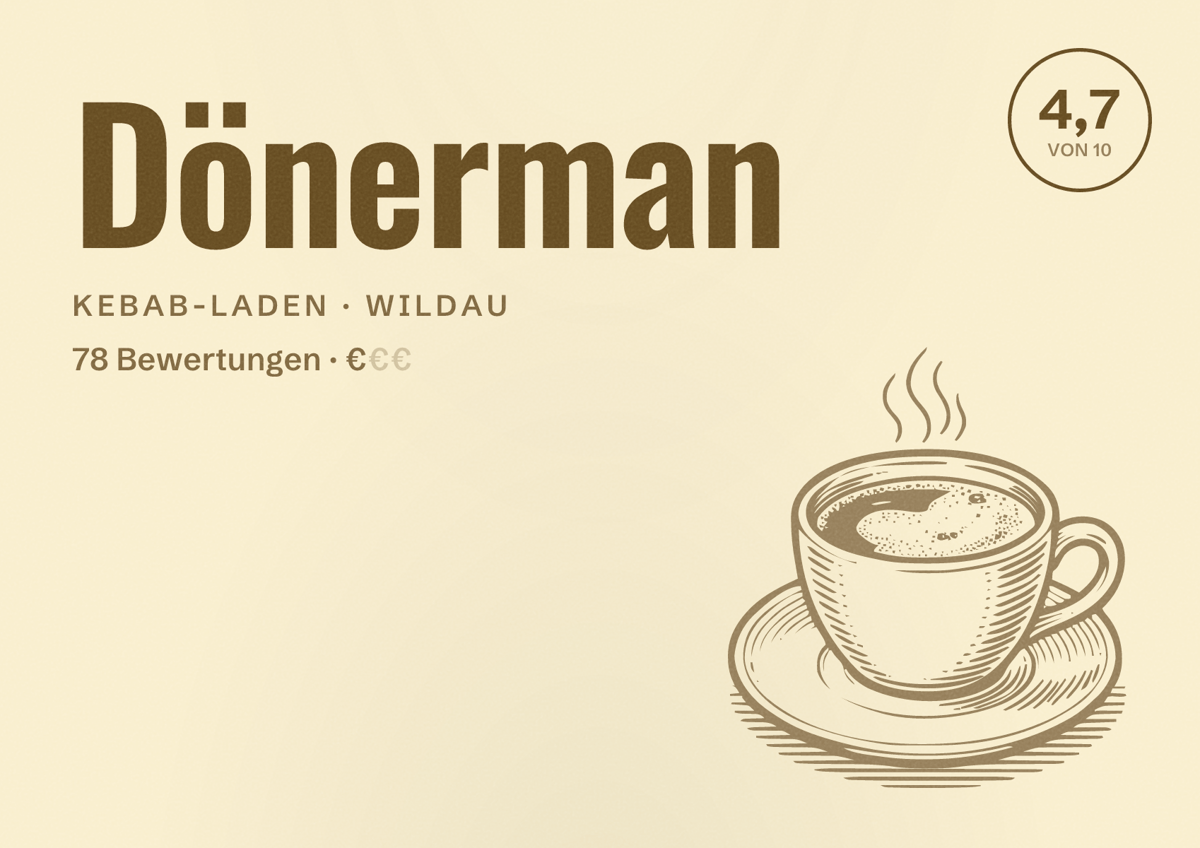 Illustriertes Poster von Dönerman, Kebab-Laden in Wildau: Bewertung 4,7 von 10 aus 78 Bewertungen, Preisniveau €