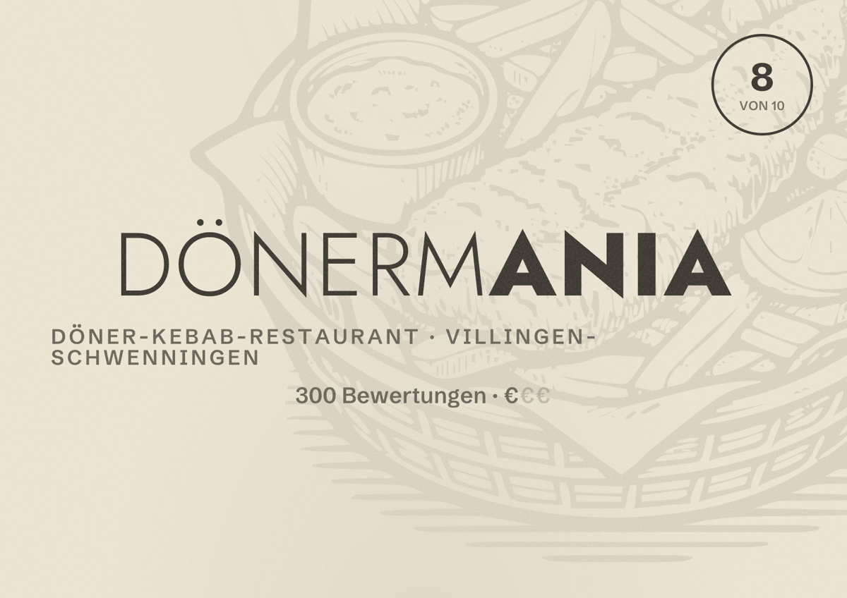 Illustriertes Poster von DönerMania, Döner-Kebab-Restaurant in Villingen-Schwenningen: Bewertung 8 von 10 aus 300 Bewertungen, Preisniveau €