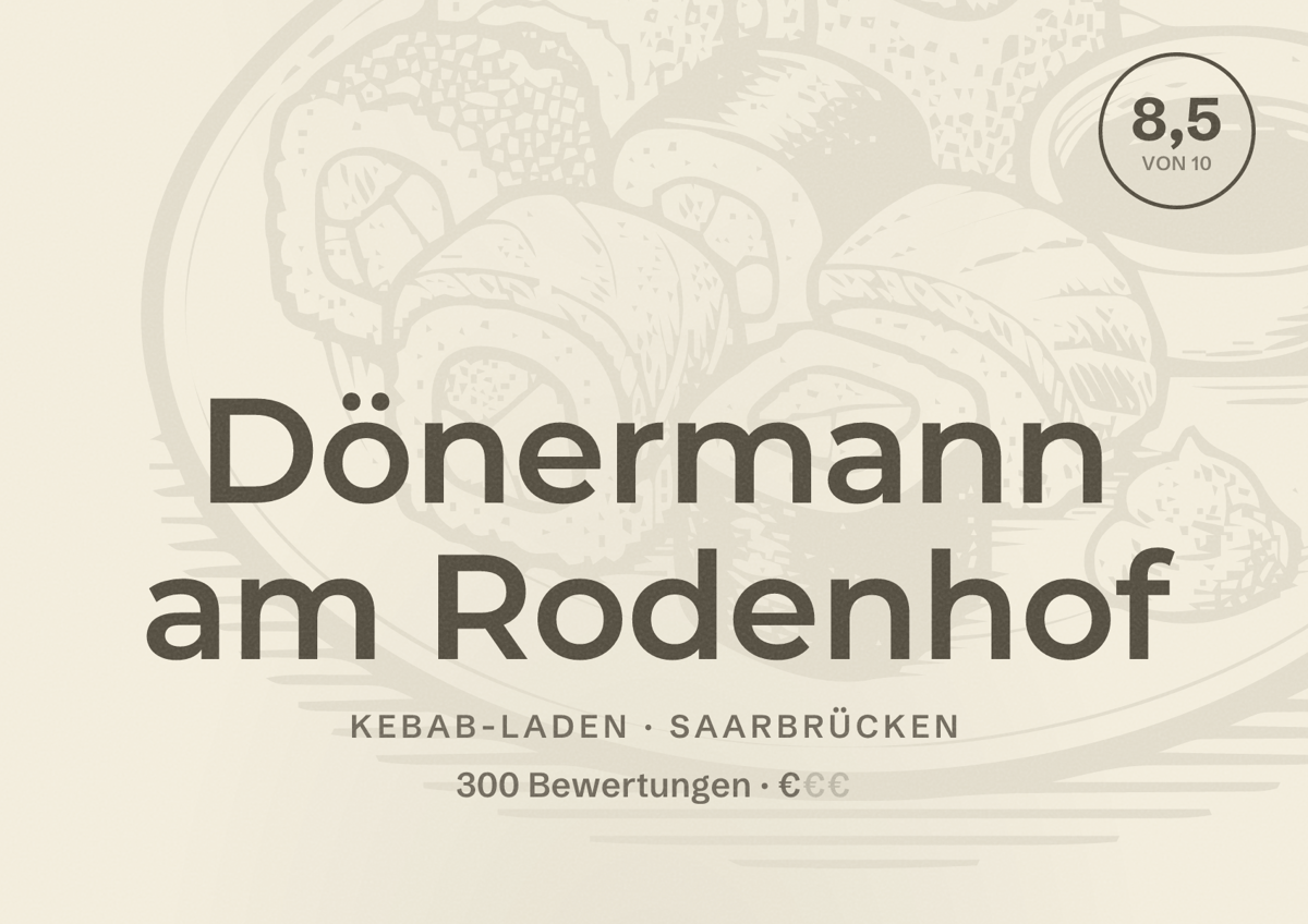 Illustriertes Poster von Dönermann am Rodenhof, Kebab-Laden in Saarbrücken: Bewertung 8,5 von 10 aus 300 Bewertungen, Preisniveau €