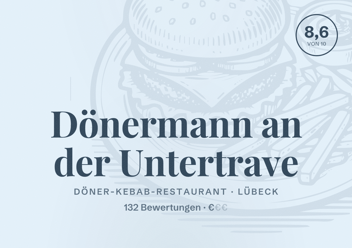 Illustriertes Poster von Dönermann an der Untertrave, Döner-Kebab-Restaurant in Lübeck: Bewertung 8,6 von 10 aus 132 Bewertungen, Preisniveau €