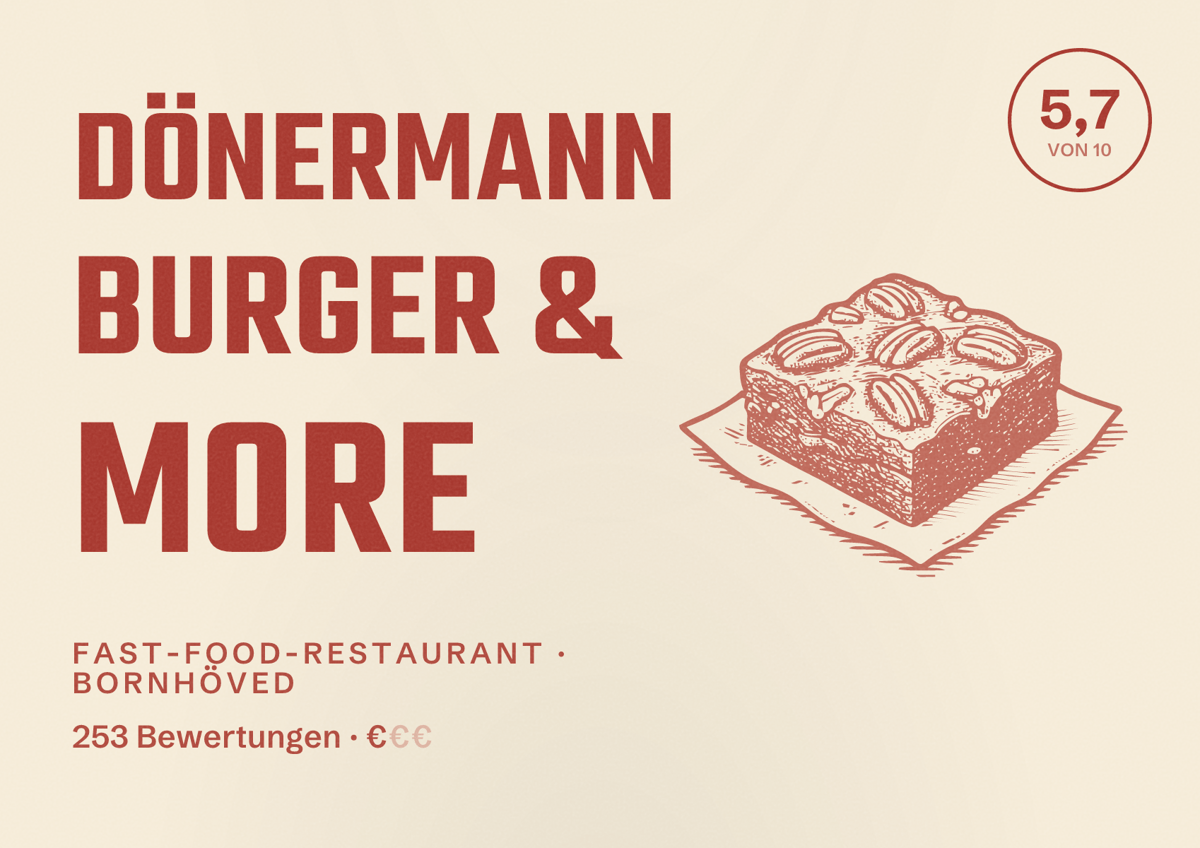 Illustriertes Poster von Dönermann Burger & More, Fast-Food-Restaurant in Bornhöved: Bewertung 5,7 von 10 aus 253 Bewertungen, Preisniveau €