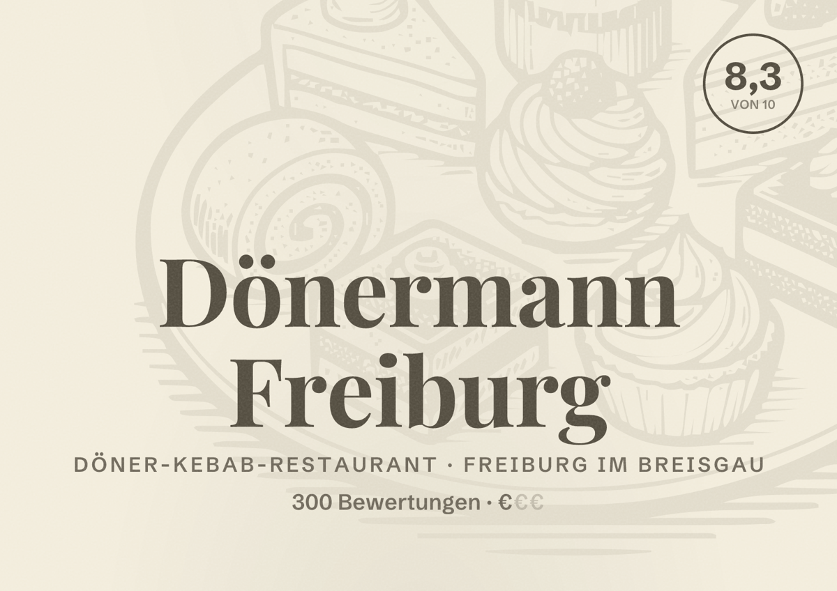 Illustriertes Poster von Dönermann Freiburg, Döner-Kebab-Restaurant in Freiburg im Breisgau: Bewertung 8,3 von 10 aus 300 Bewertungen, Preisniveau €