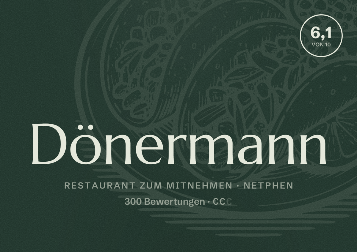 Illustriertes Poster von Dönermann, Restaurant zum Mitnehmen in Netphen: Bewertung 6,1 von 10 aus 300 Bewertungen, Preisniveau €€