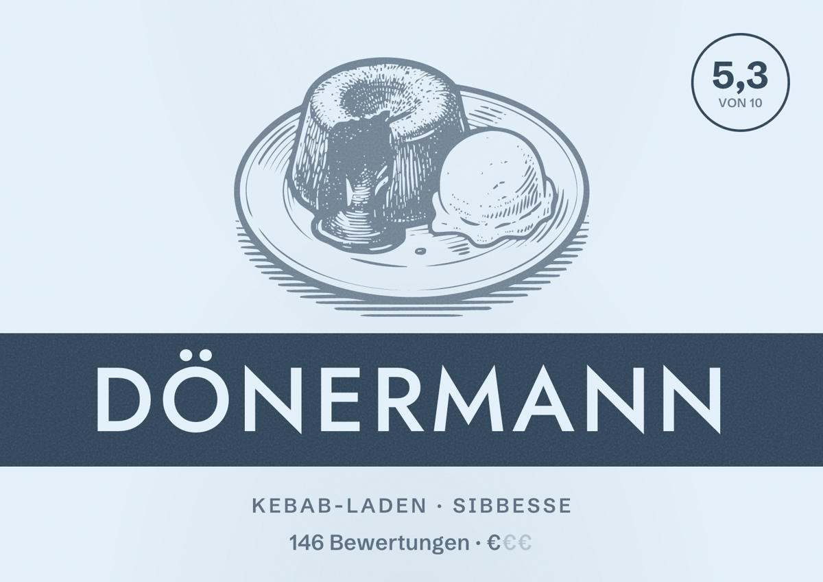 Illustriertes Poster von Dönermann, Kebab-Laden in Sibbesse: Bewertung 5,3 von 10 aus 146 Bewertungen, Preisniveau €