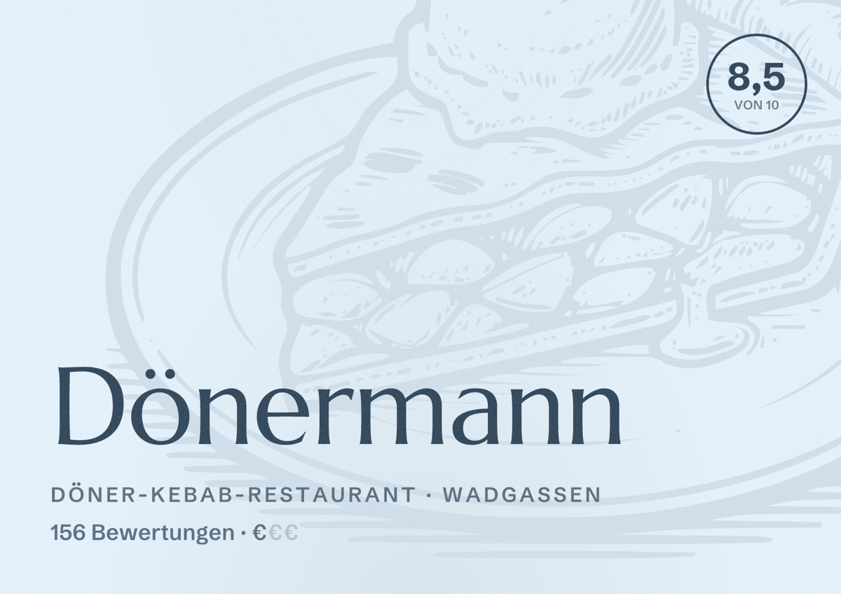 Illustriertes Poster von Dönermann, Döner-Kebab-Restaurant in Wadgassen: Bewertung 8,5 von 10 aus 156 Bewertungen, Preisniveau €