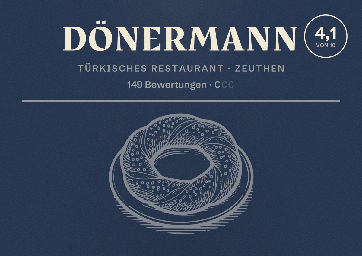 Illustriertes Poster von Dönermann, Türkisches Restaurant in Zeuthen: Bewertung 4,1 von 10 aus 149 Bewertungen, Preisniveau €