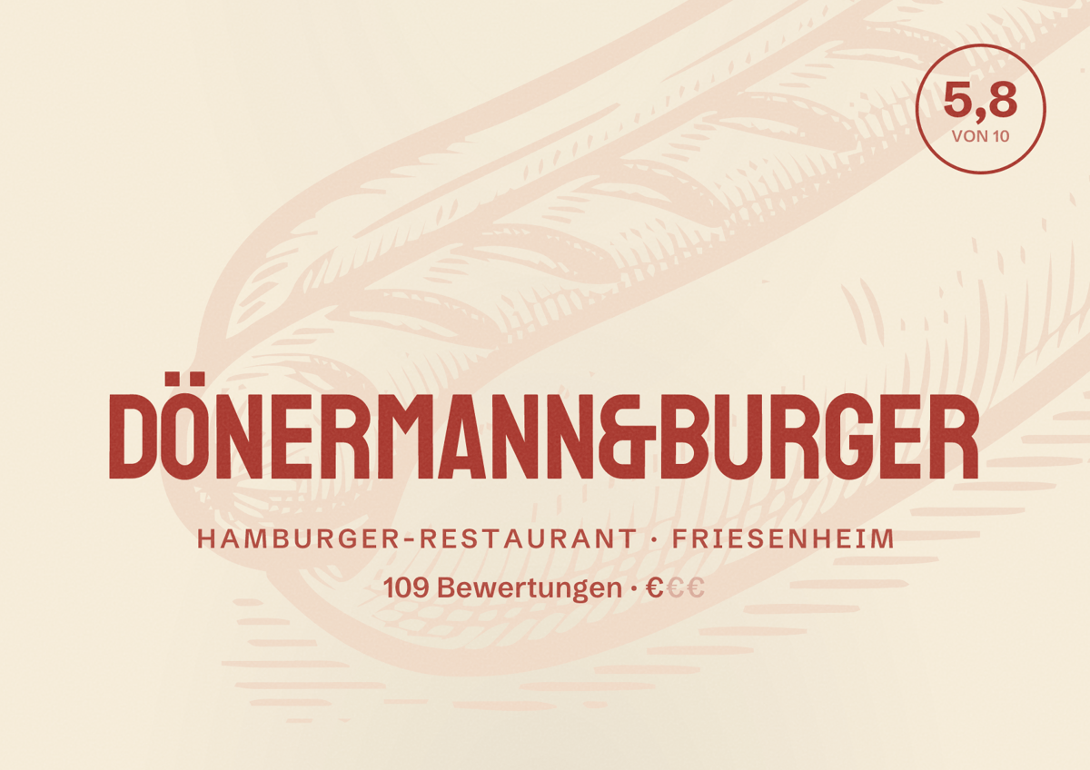 Illustriertes Poster von Dönermann&Burger, Hamburger-Restaurant in Friesenheim: Bewertung 5,8 von 10 aus 109 Bewertungen, Preisniveau €