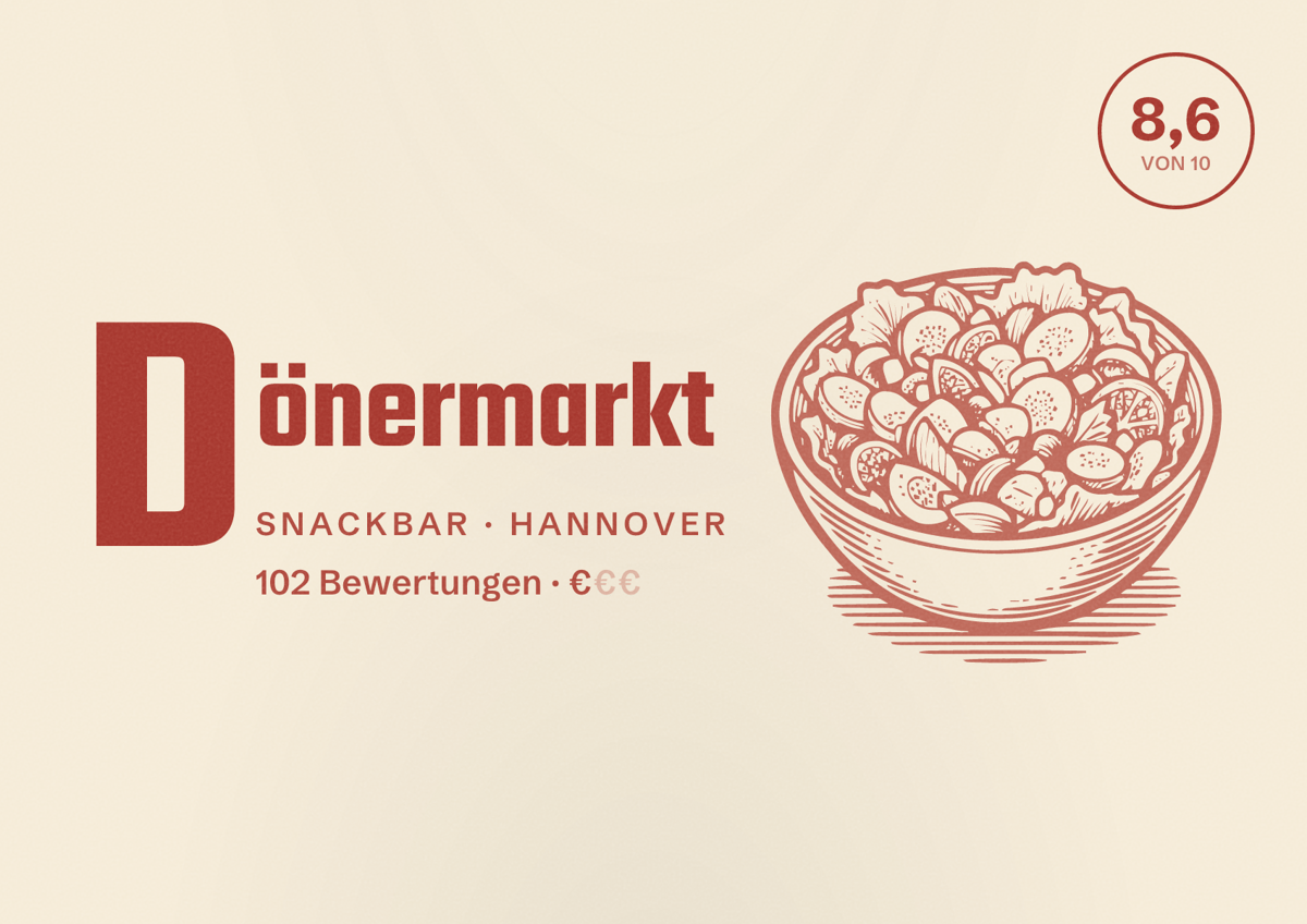 Illustriertes Poster von Dönermarkt, Snackbar in Hannover: Bewertung 8,6 von 10 aus 102 Bewertungen, Preisniveau €