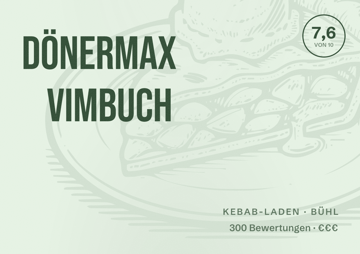 Illustriertes Poster von Dönermax Vimbuch, Kebab-Laden in Bühl: Bewertung 7,6 von 10 aus 300 Bewertungen, Preisniveau €€€