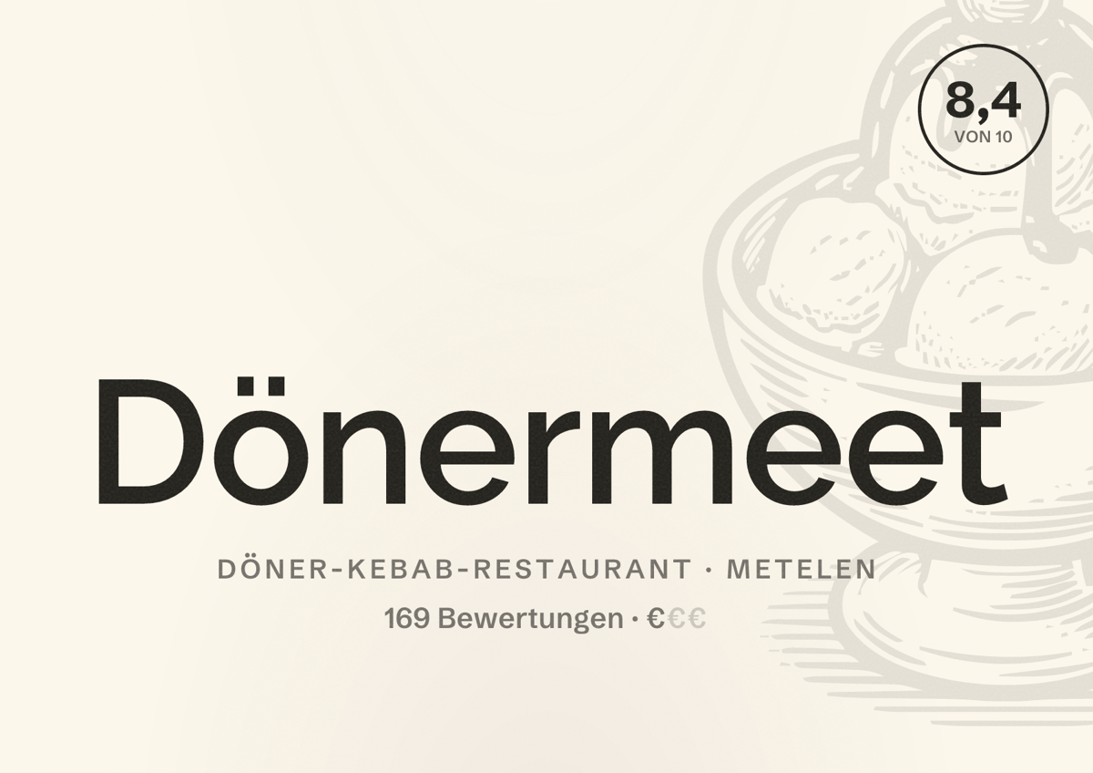 Illustriertes Poster von Dönermeet, Döner-Kebab-Restaurant in Metelen: Bewertung 8,4 von 10 aus 169 Bewertungen, Preisniveau €