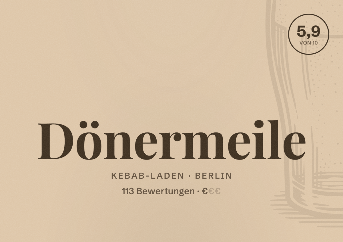 Illustriertes Poster von Dönermeile, Kebab-Laden in Berlin: Bewertung 5,9 von 10 aus 113 Bewertungen, Preisniveau €