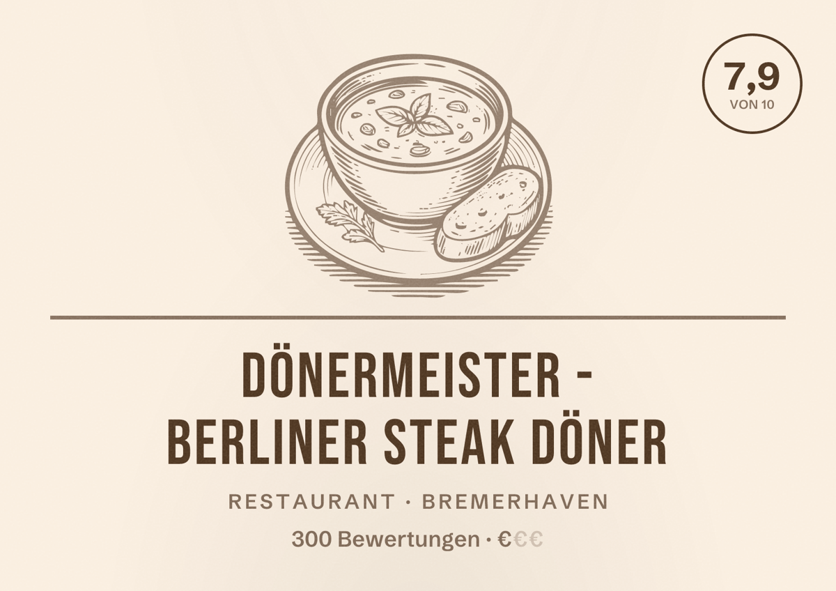 Illustriertes Poster von DÖNERMEISTER - Berliner Steak Döner, Restaurant in Bremerhaven: Bewertung 7,9 von 10 aus 300 Bewertungen, Preisniveau €