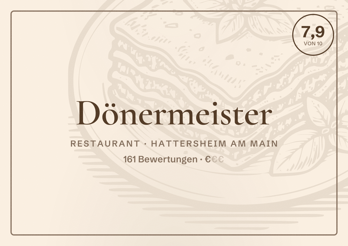 Illustriertes Poster von Dönermeister, Restaurant in Hattersheim am Main: Bewertung 7,9 von 10 aus 161 Bewertungen, Preisniveau €