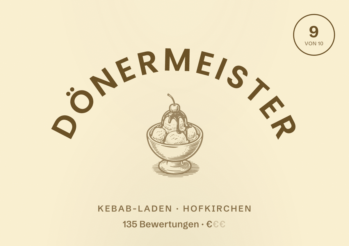 Illustriertes Poster von DönerMeister, Kebab-Laden in Hofkirchen: Bewertung 9 von 10 aus 135 Bewertungen, Preisniveau €
