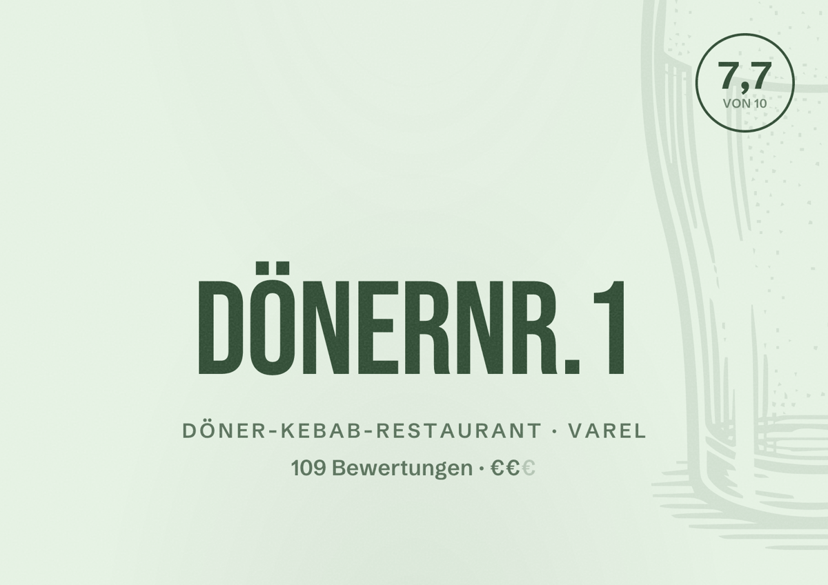Illustriertes Poster von DönerNR.1, Döner-Kebab-Restaurant in Varel: Bewertung 7,7 von 10 aus 109 Bewertungen, Preisniveau €€