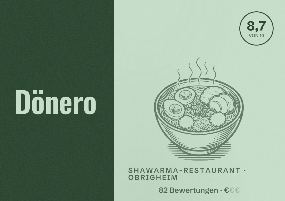 Illustriertes Poster von Dönero, Shawarma-Restaurant in Obrigheim: Bewertung 8,7 von 10 aus 82 Bewertungen, Preisniveau €