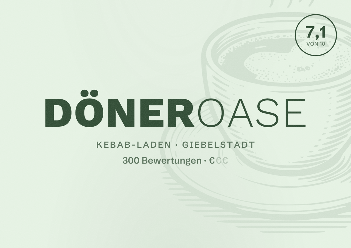Illustriertes Poster von Döneroase, Kebab-Laden in Giebelstadt: Bewertung 7,1 von 10 aus 300 Bewertungen, Preisniveau €