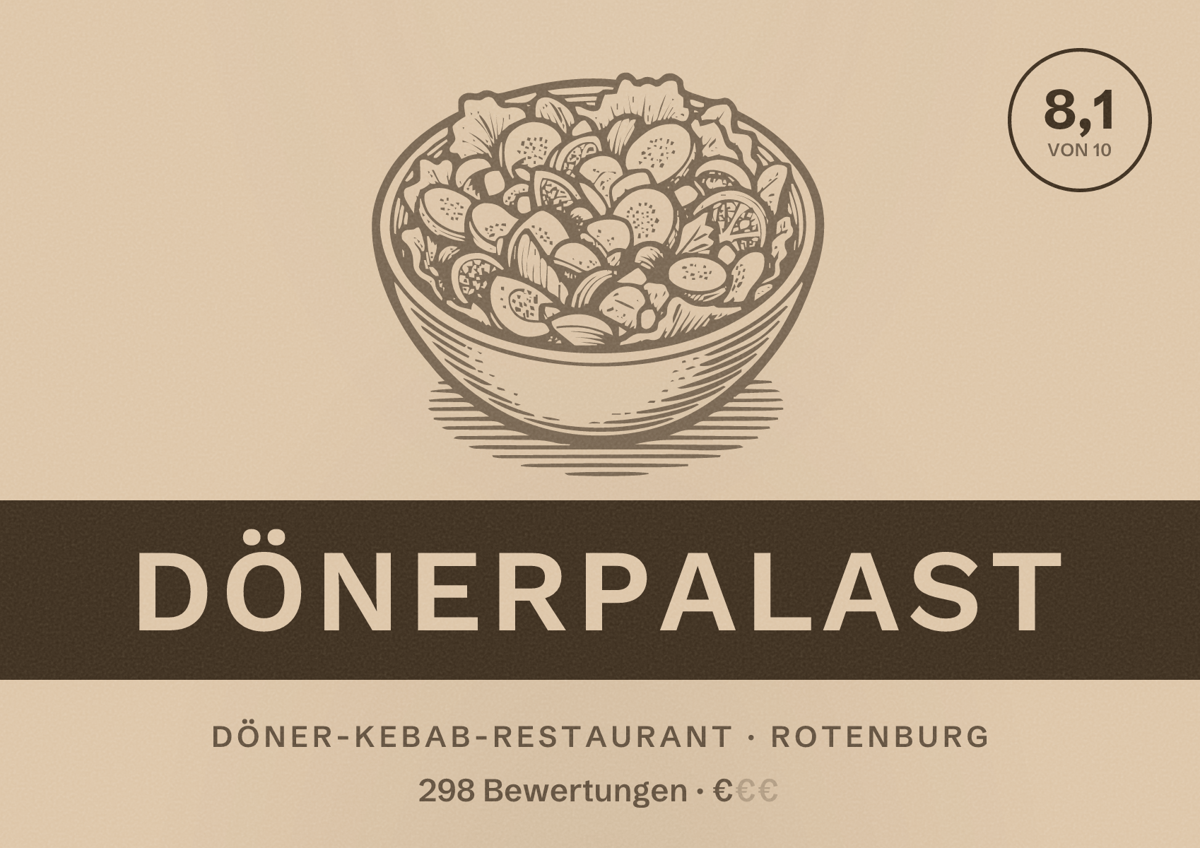 Illustriertes Poster von Dönerpalast, Döner-Kebab-Restaurant in Rotenburg: Bewertung 8,1 von 10 aus 298 Bewertungen, Preisniveau €