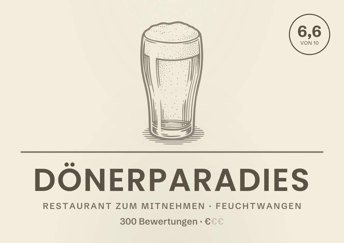 Illustriertes Poster von Dönerparadies, Restaurant zum Mitnehmen in Feuchtwangen: Bewertung 6,6 von 10 aus 300 Bewertungen, Preisniveau €